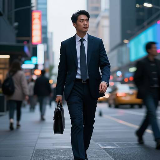 Photograph of a young Asian man in a dark suit, white shirt, and black tie, walking on a busy city street at night, holding a