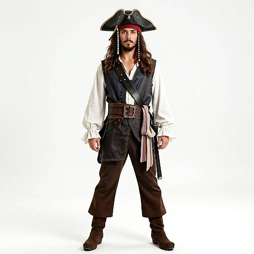 Photograph of a bearded man in a pirate costume: black tricorn hat, white shirt, black vest, brown pants, brown boots, white