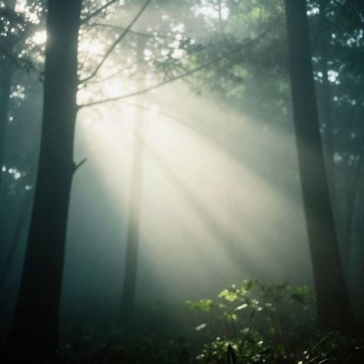 Photograph of a misty forest with tall, dark trees, bright sunlight streaming through the canopy, and green foliage in the foreground.
