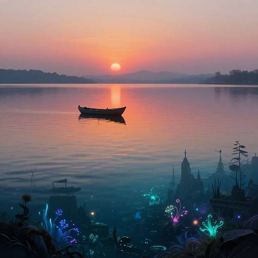 Photograph of a serene sunset over a calm lake, with a lone rowboat silhouetted against the orange sky. Glowing blue and purple