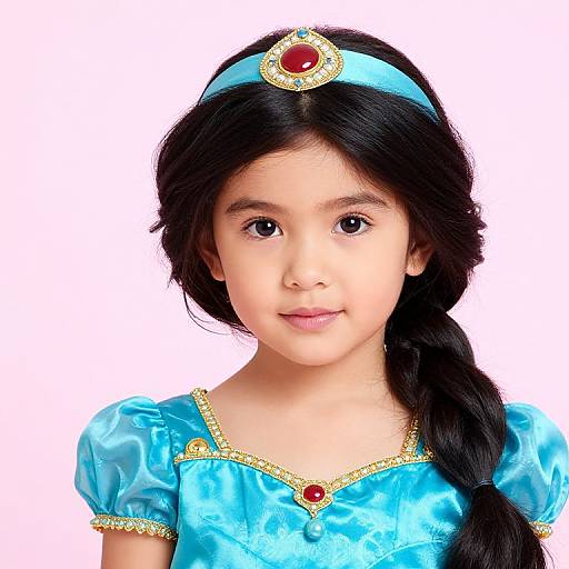 Photograph of a young Asian girl with long black hair in a braid, wearing a blue princess dress, gold-trimmed headband with red