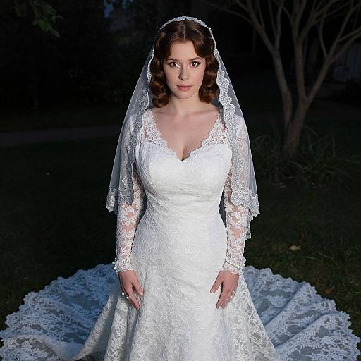 Photograph of a fair-skinned, brown-haired bride in a white lace wedding dress with long sleeves and veil, standing on a lace-trimmed