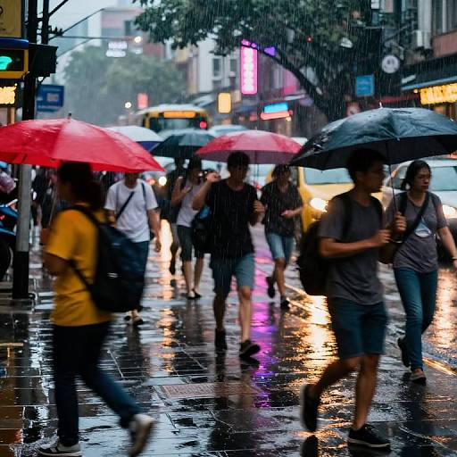 Photograph of a rainy city street with blurry pedestrians holding colorful umbrellas, reflective wet pavement, neon lights, and raindrops.