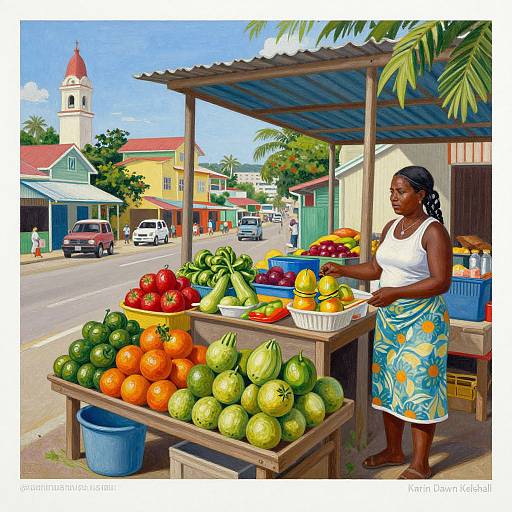 Vibrant photograph of an African-American woman in a floral skirt and white tank top, selling colorful fruits at a street market with a church and cars