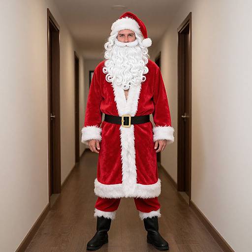 Photograph of a man in a full Santa Claus costume, complete with red velvet suit, white fur trim, black belt, and boots, standing in