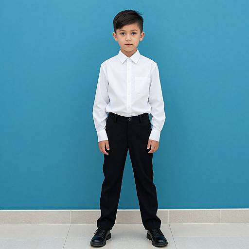 Photograph of a young Asian boy with short black hair, wearing a white dress shirt, black pants, and black shoes, standing against a bright blue