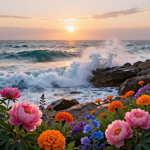 Photograph of a vibrant sunset over crashing ocean waves, with colorful flowers including pink peonies, orange marigolds, and blue pansies in
