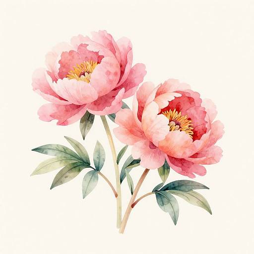 Watercolor illustration of two pink peonies with yellow centers and green leaves on a white background.