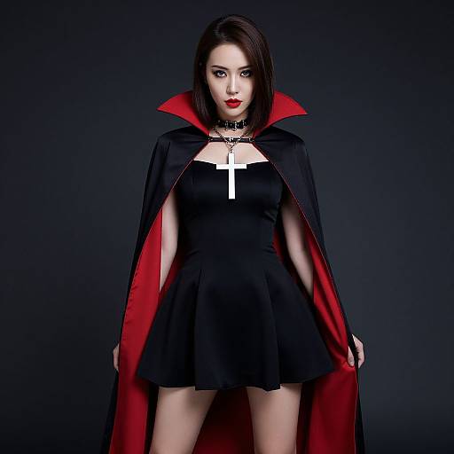 Photograph of a pale-skinned woman with black bob haircut, red lips, black dress, red-lined cape, and white cross necklace, standing against
