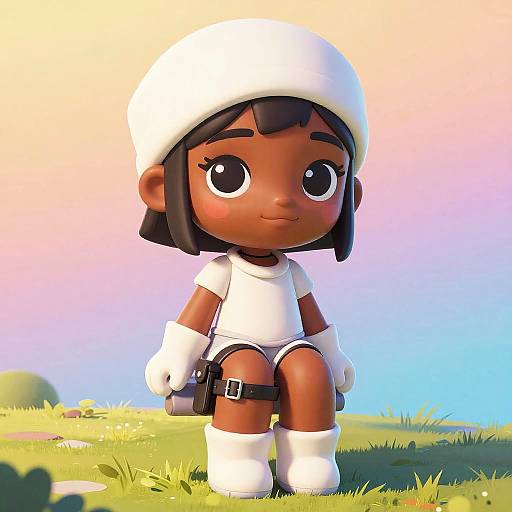 Digital cartoon of a cute dark-skinned girl with big eyes, wearing a white hat, shirt, gloves, boots, and a belt, sitting on