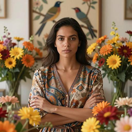 Serious Woman Surrounded by Colorful Flowers