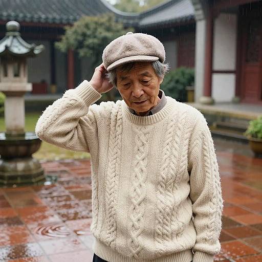 Photograph of elderly Asian woman with short gray hair, wearing a beige cap and white cable-knit sweater, standing on wet, red-tiled courtyard