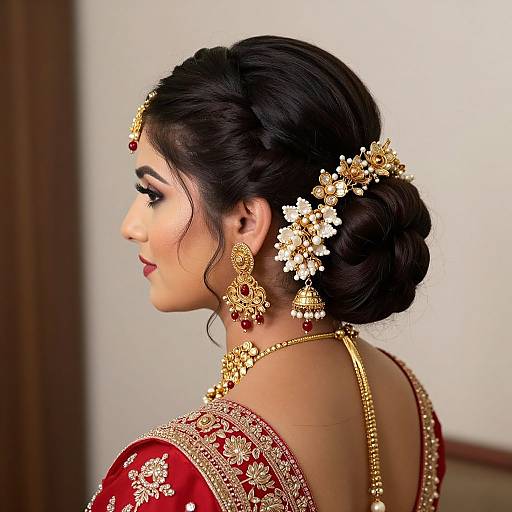 Photograph of a South Asian woman with dark hair in an elegant bun, wearing gold jewelry and a red embroidered traditional outfit, facing left against a blurred