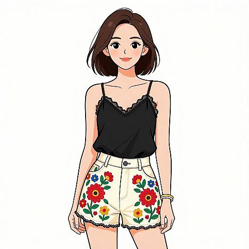 Digital anime-style drawing of a young woman with short brown hair, wearing a black lace-trimmed camisole and white floral shorts, smiling against