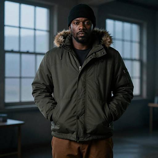 Serious Black Man in Winter Jacket Indoors