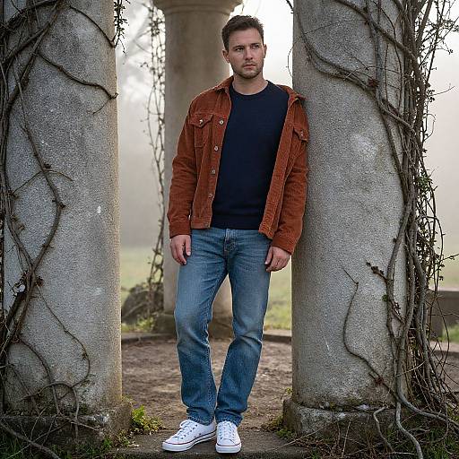 Photograph of a tall, handsome man with short brown hair, brown corduroy jacket, black shirt, blue jeans, and white sneakers, leaning