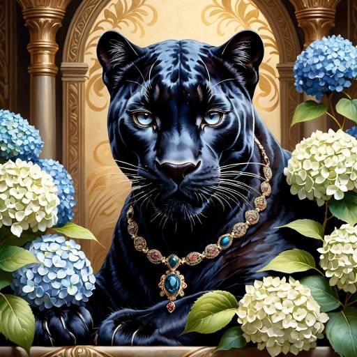 Majestic Panther Amidst Blooming Hydrangeas