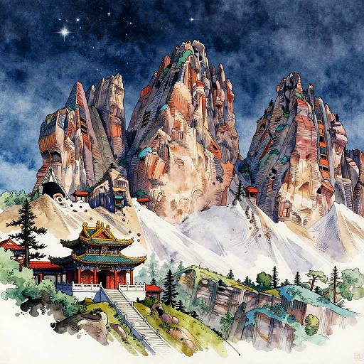 Surreal Mountain Temple Tattoo Art