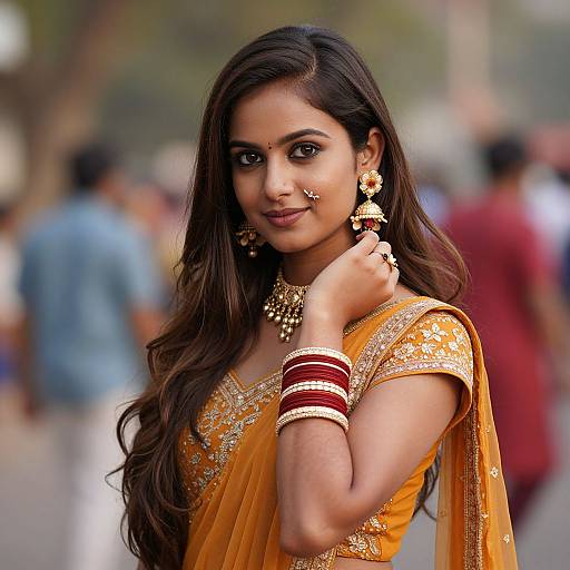 Photograph of a beautiful Indian woman with long dark hair, wearing an orange saree with gold embroidery, and traditional gold jewelry, standing in a blurred
