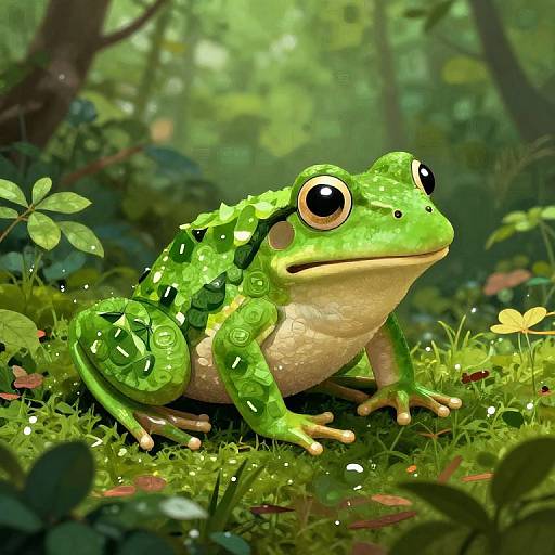 Digital illustration of a vibrant green frog with large, expressive eyes, sitting on lush, dewy forest floor, surrounded by leaves and small flowers.