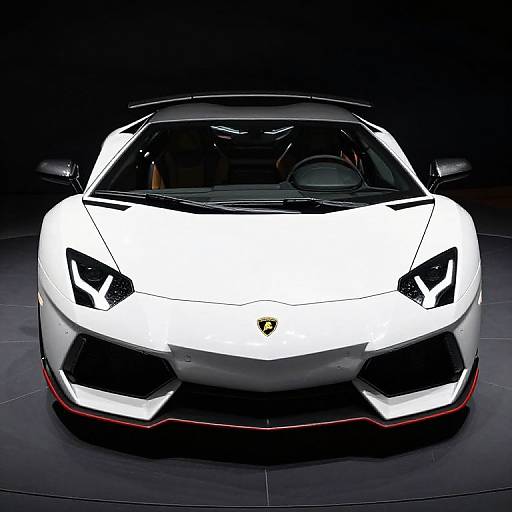 Photograph of a sleek, white Lamborghini Gallardo with black and red accents, front view, centered on a dark, reflective surface.