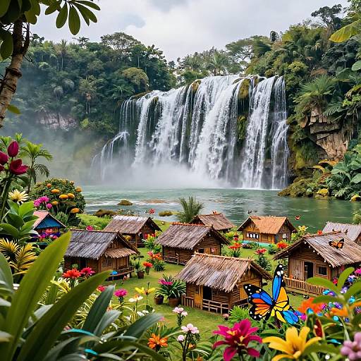 Photograph of a vibrant jungle waterfall scene with colorful flowers, thatched-roof huts, and a cascading waterfall amidst lush greenery.