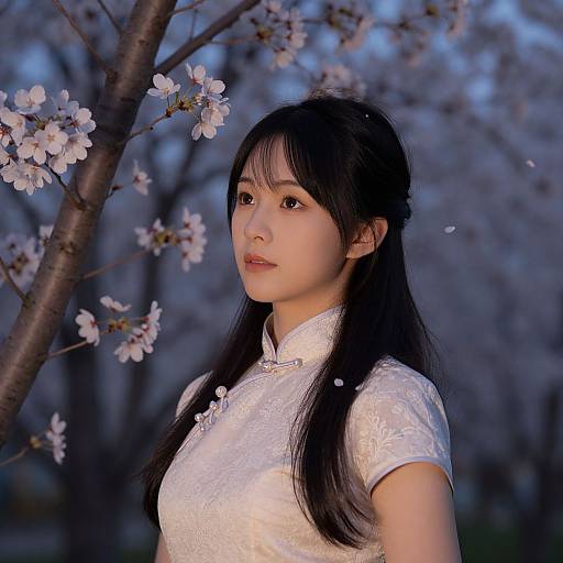 Photograph of an East Asian woman with long black hair, wearing a white, floral-patterned cheongsam, standing among blooming cherry blossoms