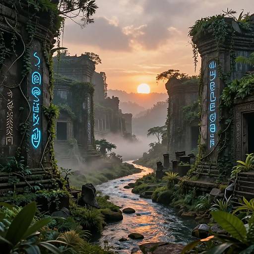 Digital artwork of a misty, jungle-encroached ancient temple canyon at sunset, with glowing blue runes on stone pillars and a reflective river winding