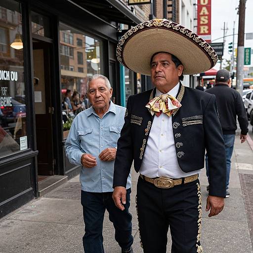 Photograph of a middle-aged Mexican man in a traditional charro suit with a large sombrero, walking on a city sidewalk beside an older man in