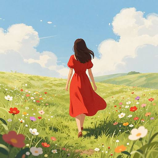 Digital illustration of a woman in a red dress walking through a vibrant, flower-filled meadow under a bright blue sky with fluffy white clouds.