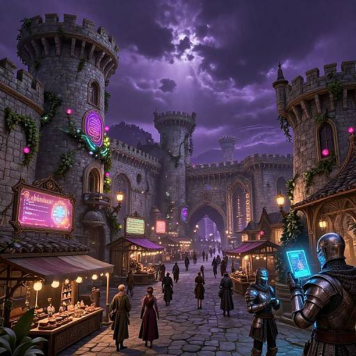 Digital fantasy artwork of a magical, illuminated medieval marketplace with glowing signs, armored figures, and vibrant purple night sky. Castle towers in background. Busy,