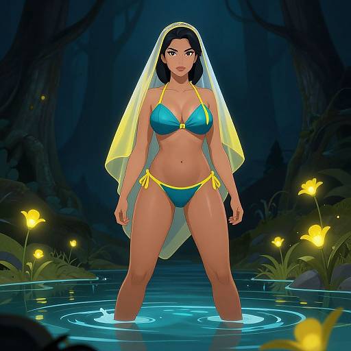 Confident Woman in Dark Fantasy Forest