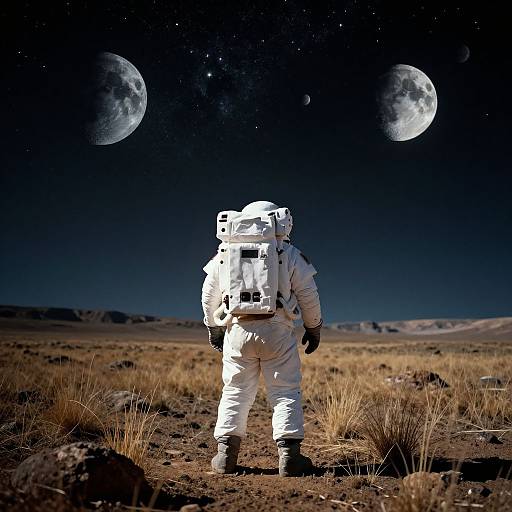 Photograph of an astronaut in white spacesuit, standing on desert terrain, facing three full moons in starry night sky.