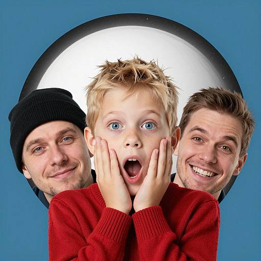 Surprised Boy with Smiling Men in Blue Background