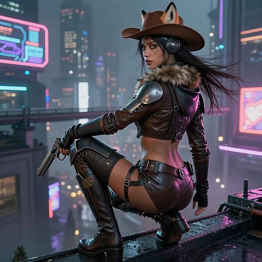 Cybernetic Fox-Eared Bounty Hunter Rooftop