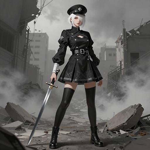 Fierce Female Warrior in Ruined Urban Setting