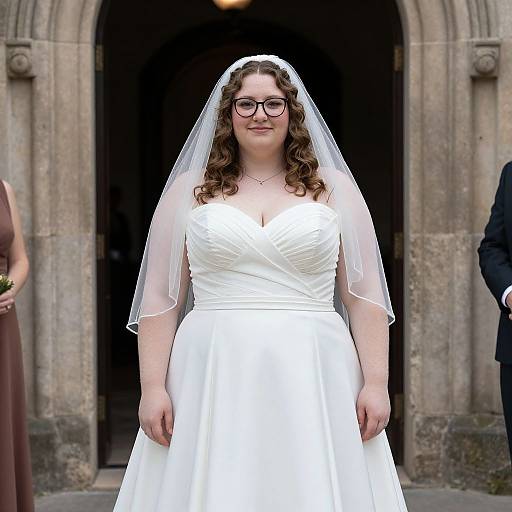 Photograph of a plus-sized bride with curly brown hair, glasses, wearing a white wedding dress and veil, standing in front of a stone archway