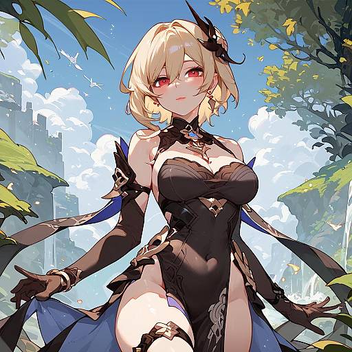 Blonde Anime Girl in Black Dress Outdoors