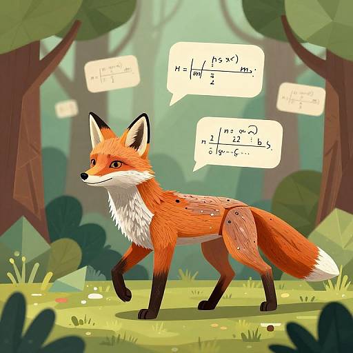 Digital drawing of a red fox with white chest and black-tipped ears, standing in a colorful forest, speech bubbles with Japanese text.