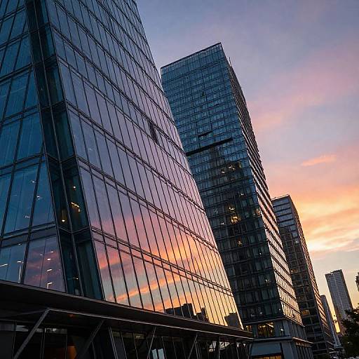 Photograph of modern glass skyscrapers at sunset, reflecting vibrant pink, orange, and purple sky; urban cityscape with multiple high-rise buildings.