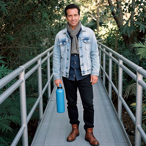 Photograph of a smiling man with short black hair, wearing a denim jacket, patterned scarf, black pants, brown boots, holding a blue water