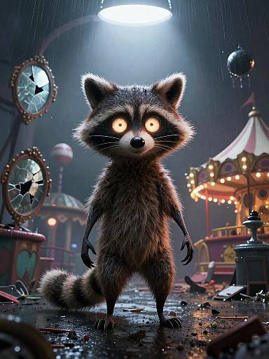 CGI image of a startled raccoon with glowing eyes standing in a rainy, steampunk carnival night, illuminated by a bright lamp.