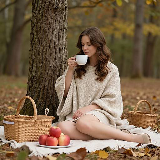 Photograph of a brunette woman in a beige woolen sweater, sitting on a white blanket under a tree in a forest, sipping from a white