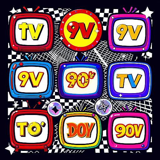 Vibrant digital artwork featuring colorful TV letters (TV, 9V, OV, 90V, TV, TOV, 90V