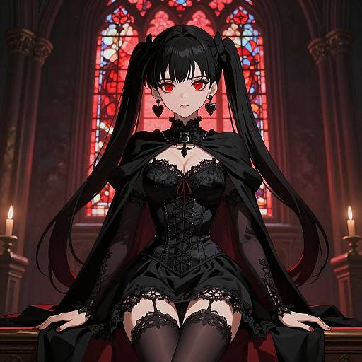 Digital anime-style drawing of a gothic girl with long black hair, red eyes, and black lace dress, sitting in a dimly lit cathedral with