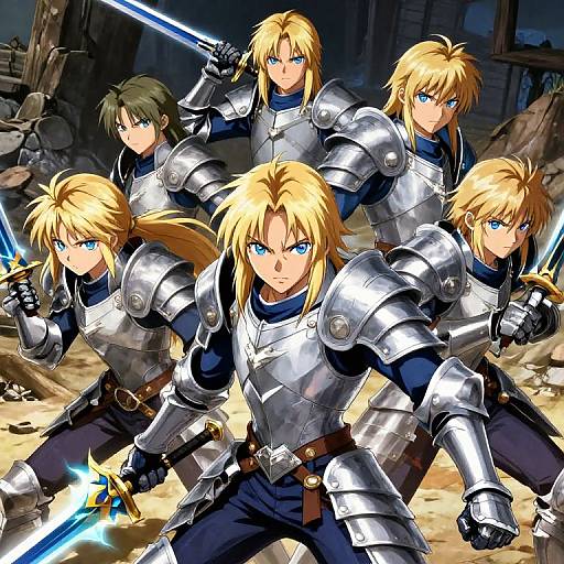 Digital anime-style drawing of five blonde, blue-eyed, armored warriors with glowing swords, standing in a dimly lit, rubble-filled room.