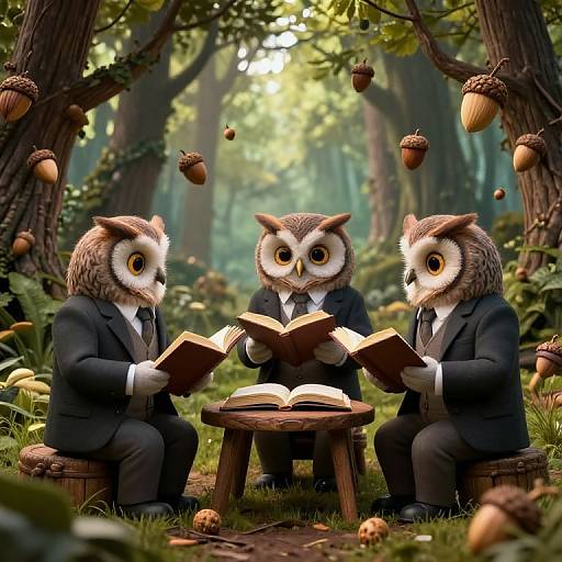 Photorealistic CGI of three owl-headed men in black suits, reading books around a wooden table in a sunlit forest, surrounded by floating acorns