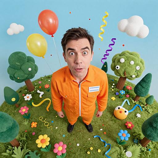Photograph of a surprised man in an orange jumpsuit standing in a colorful, cartoon-style garden with balloons, trees, and flowers.