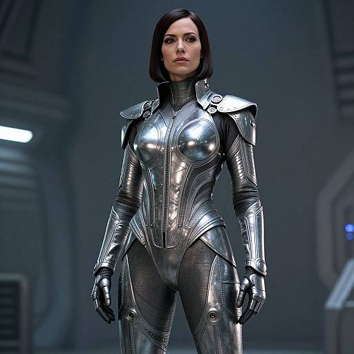 Photorealistic CGI of a strong, serious-looking woman with short black hair, wearing shiny silver metallic armor in a futuristic, dimly-lit room