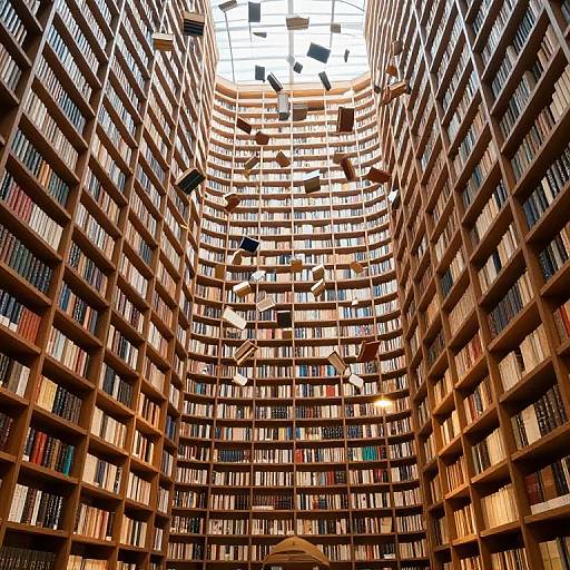 Photograph of a grand, circular library with towering wooden bookshelves filled with books, illuminated by natural light from the skylight. Books hang
